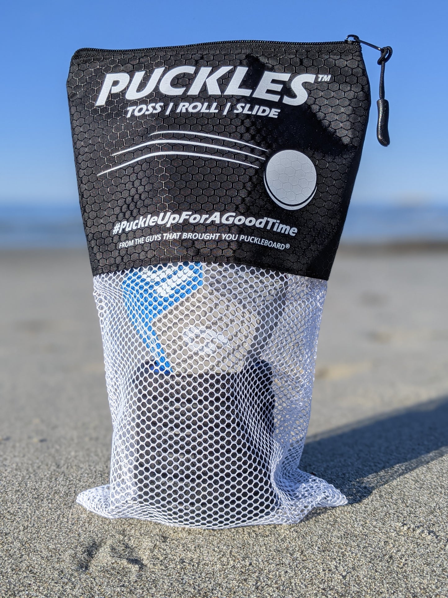 PUCKLES Toss, Roll, Slide Games for Family-Friendly Fun at the Beach or on Ice | Includes 6 Proprietary Pucks, 1 Foam Dice and 1 Carrying Bag