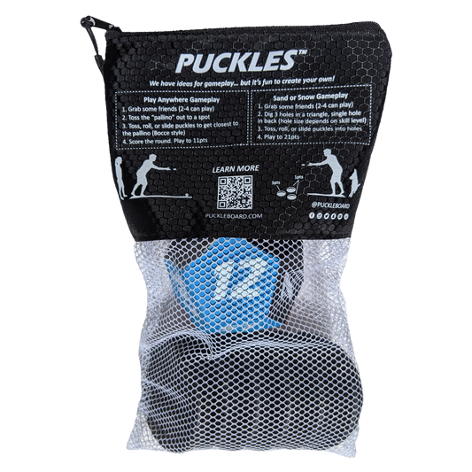 PUCKLES Toss, Roll, Slide Games for Family-Friendly Fun at the Beach or on Ice | Includes 6 Proprietary Pucks, 1 Foam Dice and 1 Carrying Bag