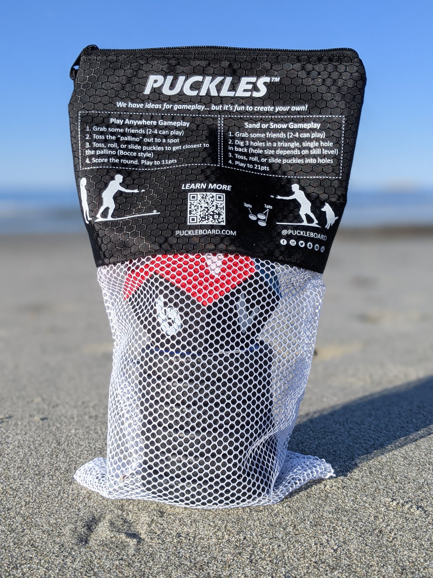 PUCKLES Toss, Roll, Slide Games for Family-Friendly Fun at the Beach or on Ice | Includes 6 Proprietary Pucks, 1 Foam Dice and 1 Carrying Bag