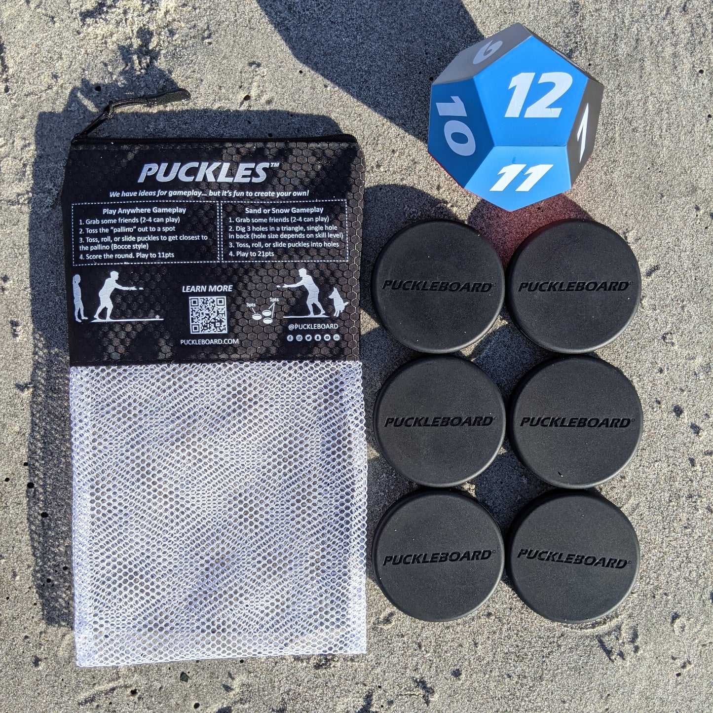 PUCKLES Toss, Roll, Slide Games for Family-Friendly Fun at the Beach or on Ice | Includes 6 Proprietary Pucks, 1 Foam Dice and 1 Carrying Bag